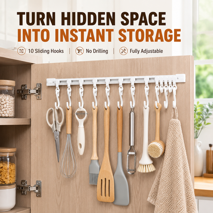 Junazilo® No-Drill Sliding Rail Hook Organizer – 10 Adjustable Cabinet Hooks upsell