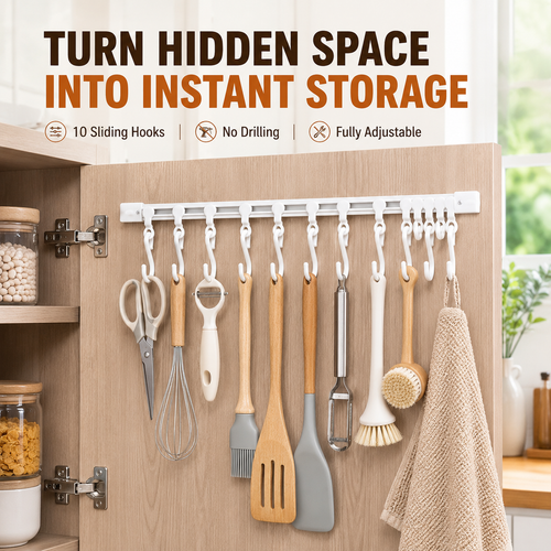 Junazilo® No-Drill Sliding Rail Hook Organizer – 10 Adjustable Cabinet Hooks upsell