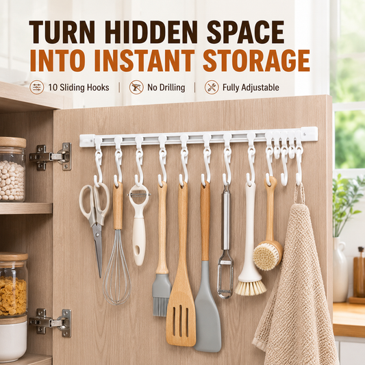 Junazilo® No-Drill Sliding Rail Hook Organizer – 10 Adjustable Cabinet Hooks
