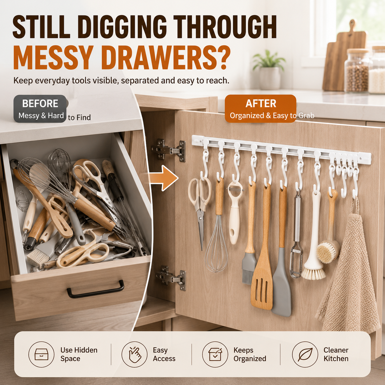 Junazilo® No-Drill Sliding Rail Hook Organizer – 10 Adjustable Cabinet Hooks upsell