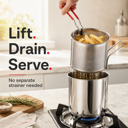 Junazilo® Personal Mini Deep Fryer Set – Stainless Steel Pot with Lift-Out Draining Basket & Food Tongs