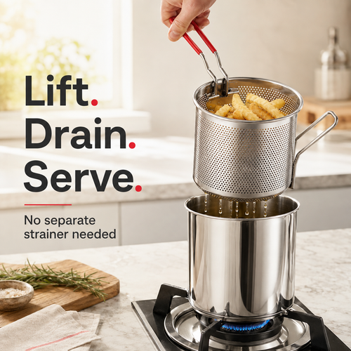 Junazilo® Personal Mini Deep Fryer Set – Stainless Steel Pot with Lift-Out Draining Basket & Food Tongs