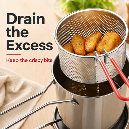 Junazilo® Personal Mini Deep Fryer Set – Stainless Steel Pot with Lift-Out Draining Basket & Food Tongs