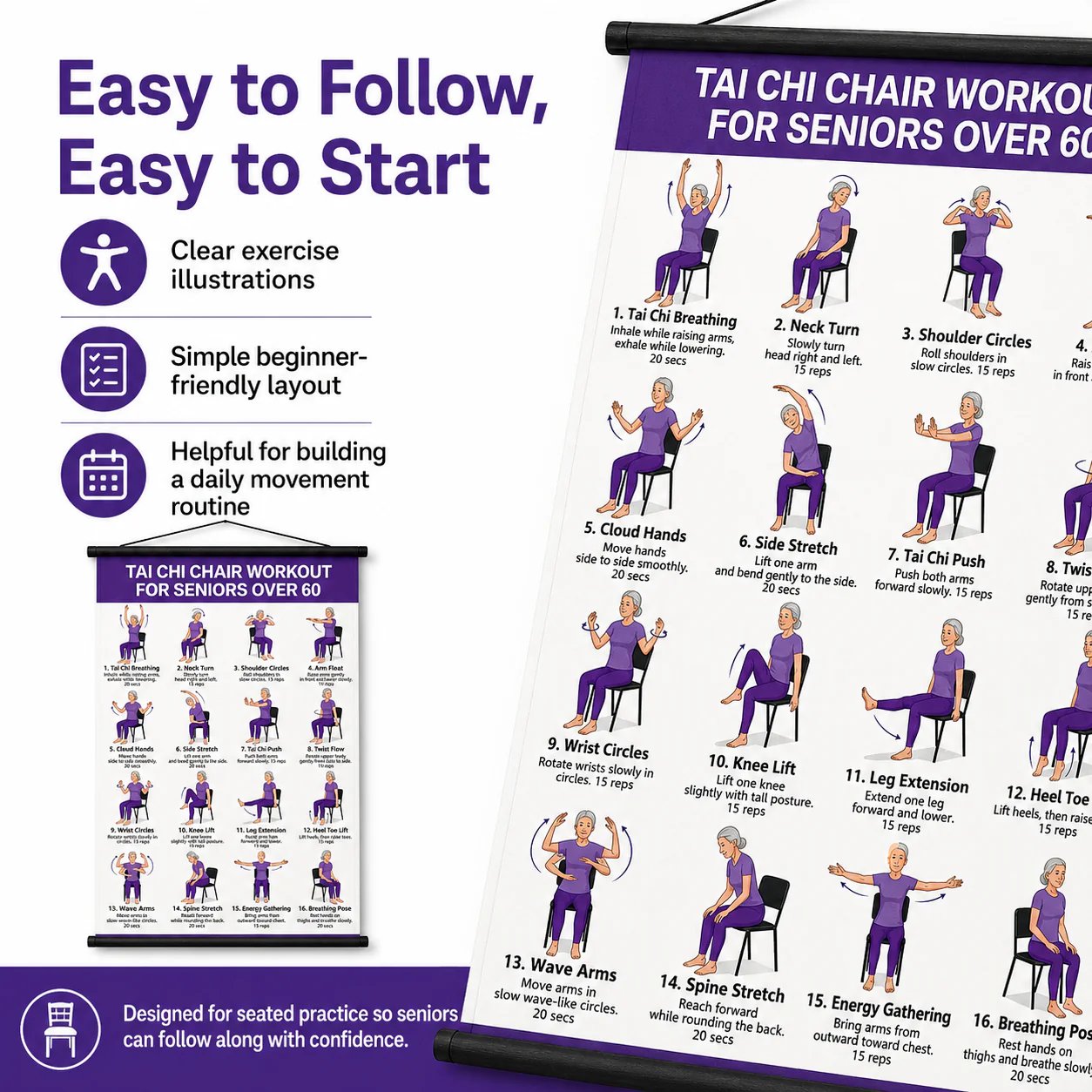 Junazilo® Tai Chi Chair Workout Chart for Seniors (16 x 24 inches) upsell