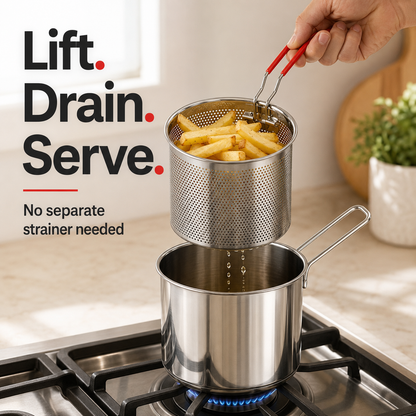 Junazilo® Personal Mini Deep Fryer Set – Stainless Steel Pot with Lift-Out Draining Basket & Food Tongs