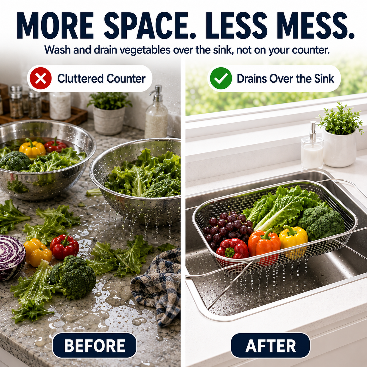 Junazilo® Stainless Steel Adjustable Over-the-Sink Drainer Basket