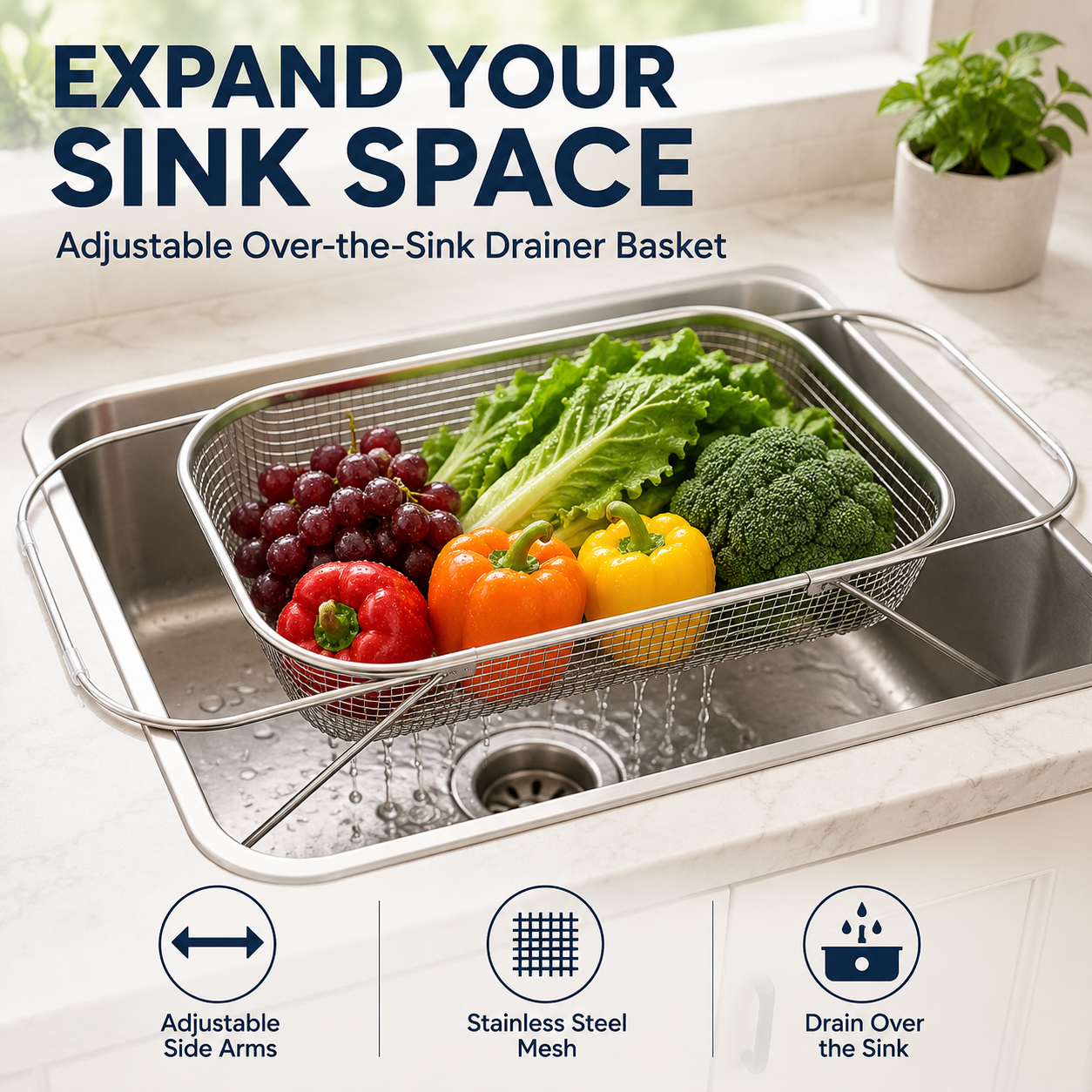Junazilo® Stainless Steel Adjustable Over-the-Sink Drainer Basket