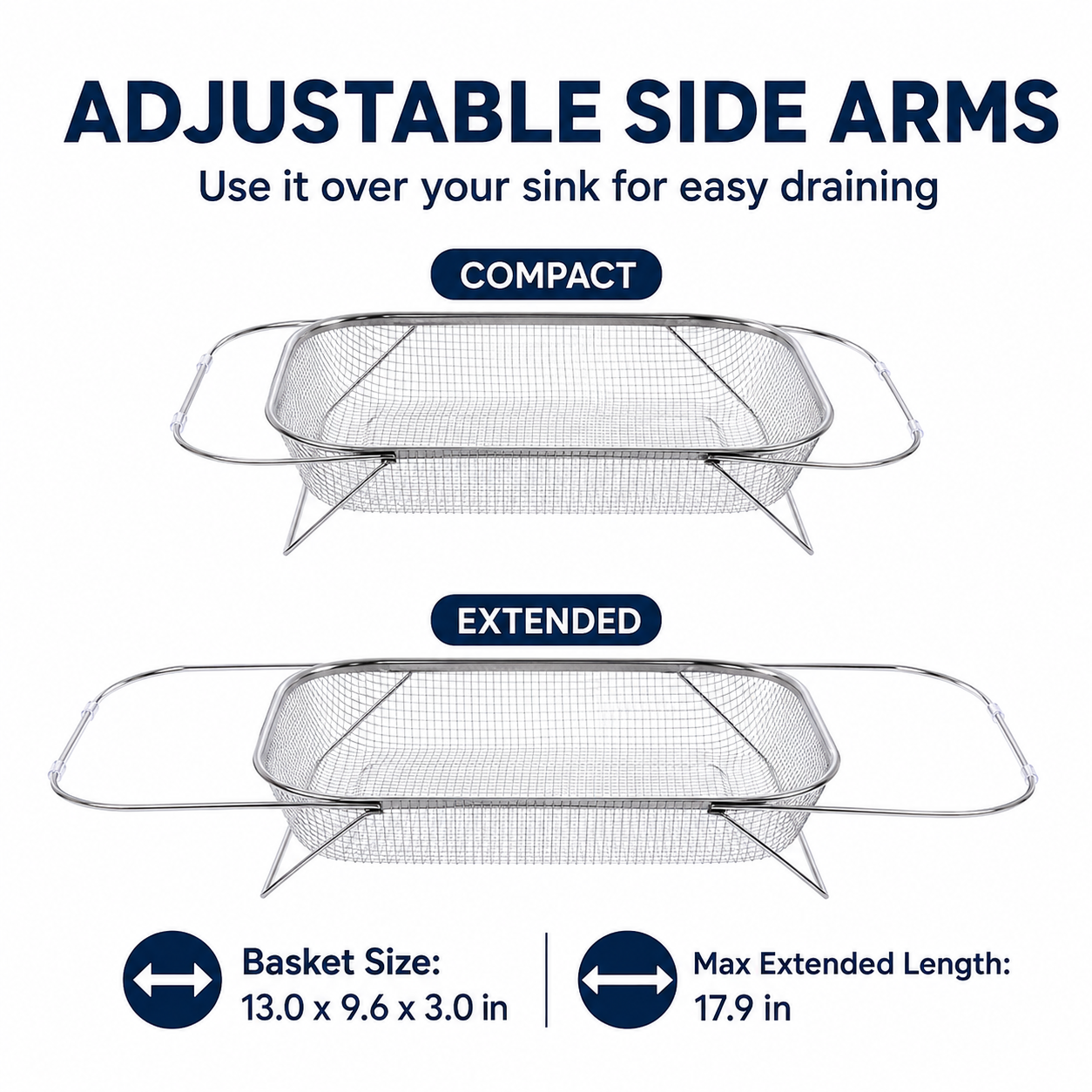 Junazilo® Stainless Steel Adjustable Over-the-Sink Drainer Basket