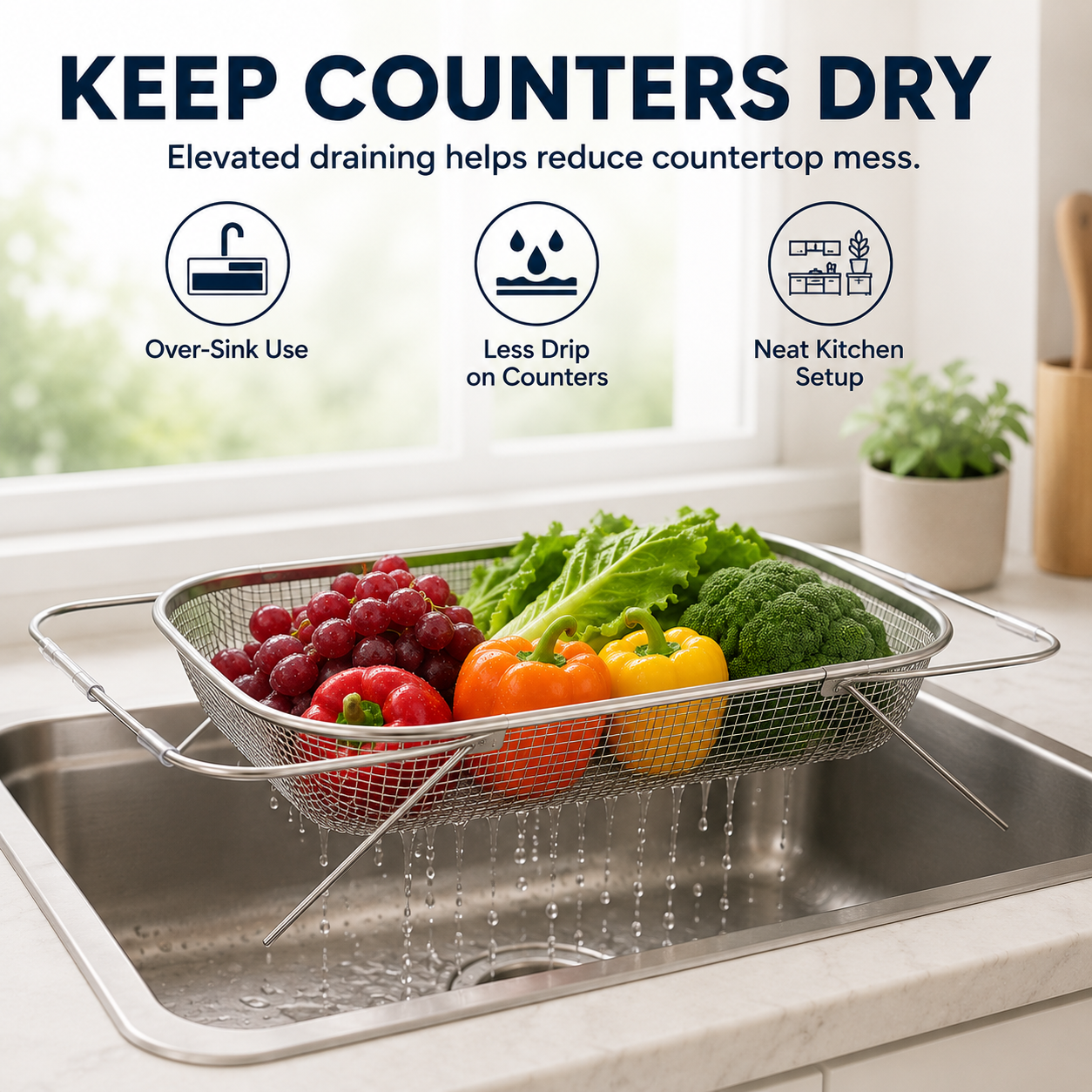 Junazilo® Stainless Steel Adjustable Over-the-Sink Drainer Basket