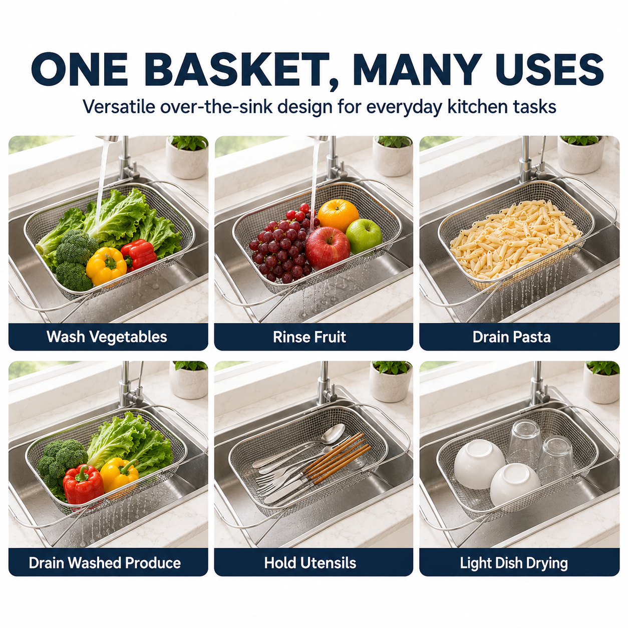 Junazilo® Stainless Steel Adjustable Over-the-Sink Drainer Basket