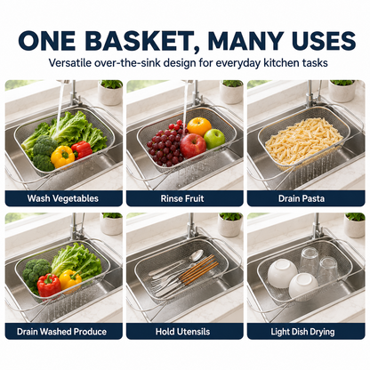 Junazilo® Stainless Steel Adjustable Over-the-Sink Drainer Basket