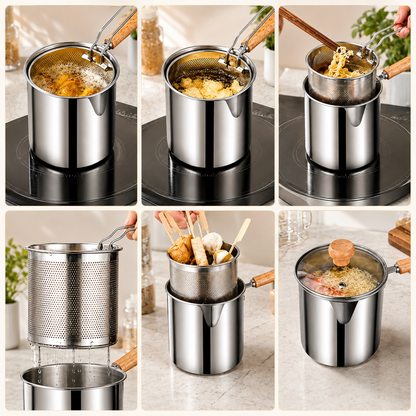 Junazilo® Personal Mini Deep Fryer Set – Stainless Steel Pot with Lift-Out Draining Basket & Food Tongs