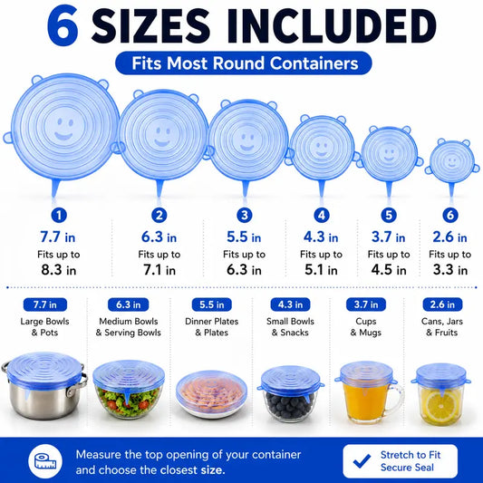 Junazilo® 🥗 6 Pack Silicone Stretch Lids – Reusable Food Covers for Bowls, Pots, Cups & Fresh Food Storage