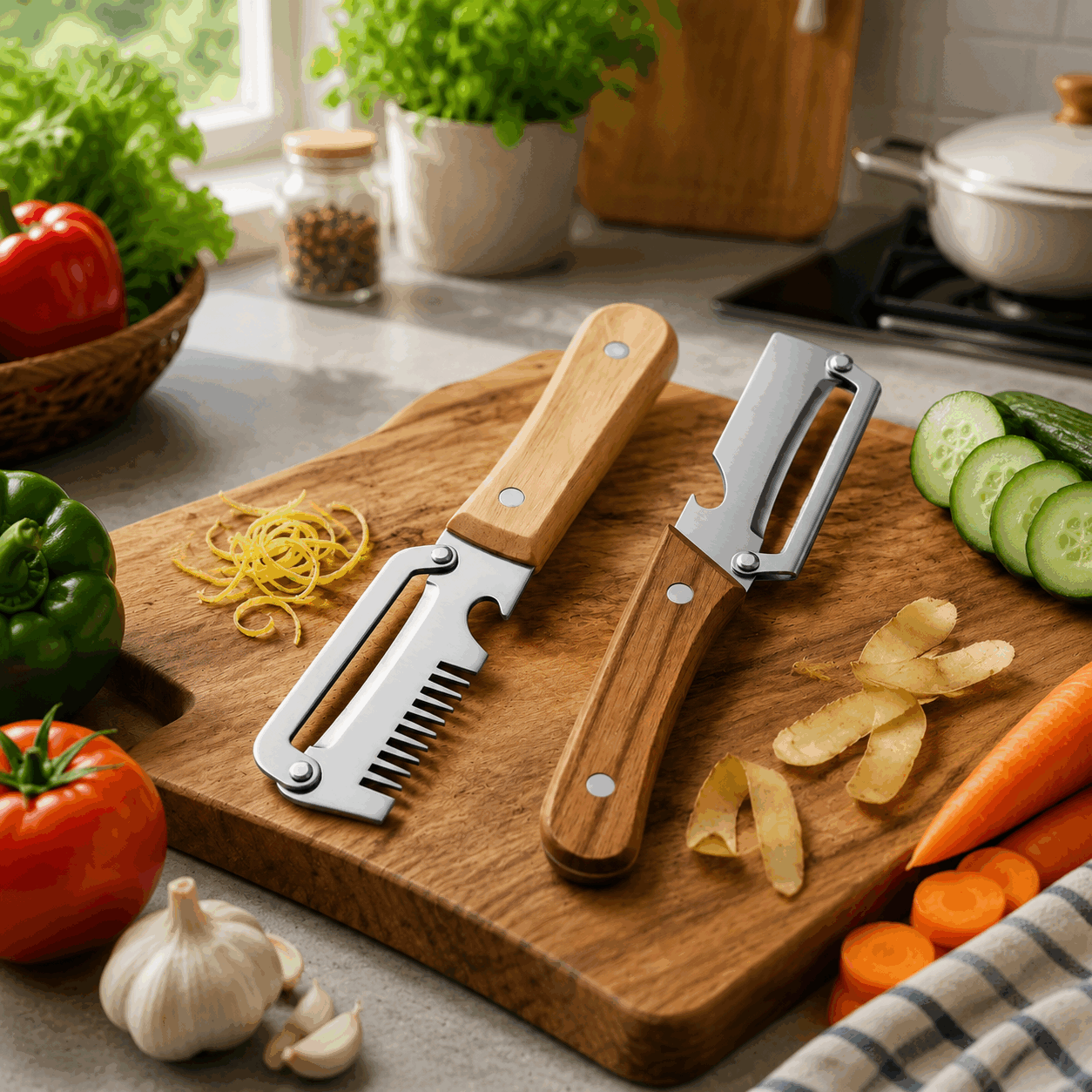 Junazilo® 3-in-1 Stainless Steel Vegetable Peeler with Wooden Handle & Bottle Opener upsell