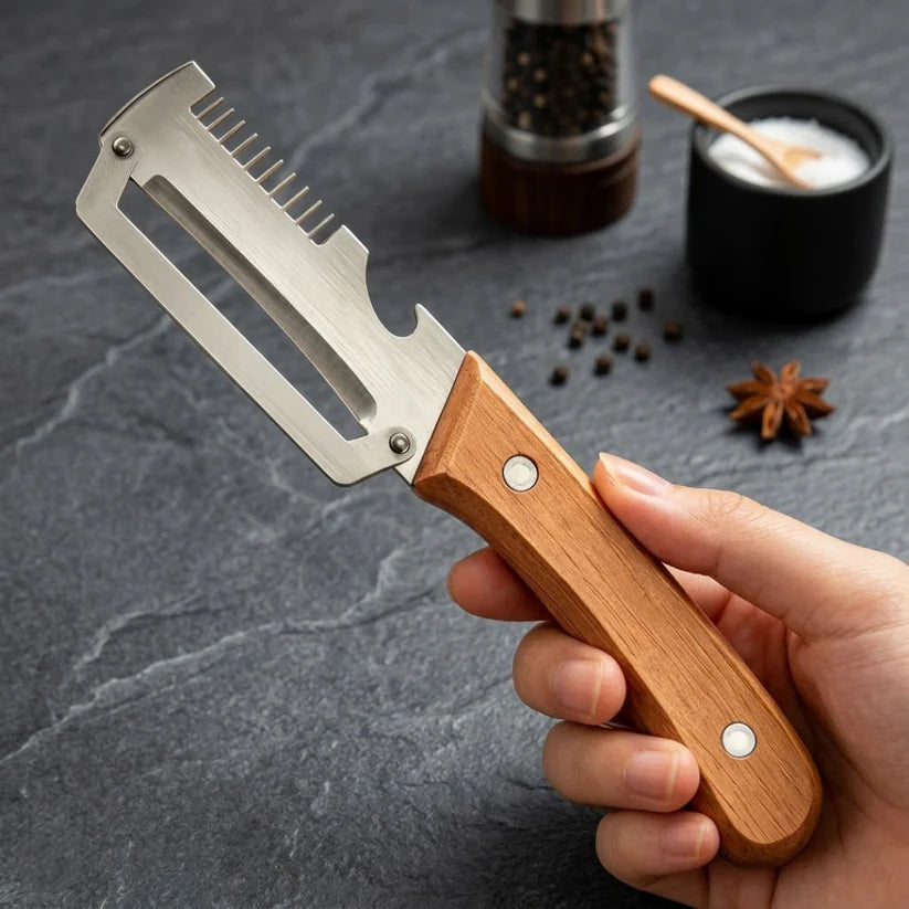 Junazilo® 3-in-1 Stainless Steel Vegetable Peeler with Wooden Handle & Bottle Opener upsell