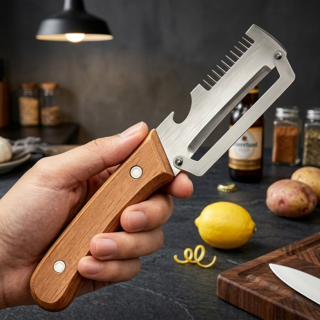 Junazilo® 3-in-1 Stainless Steel Vegetable Peeler with Wooden Handle & Bottle Opener upsell