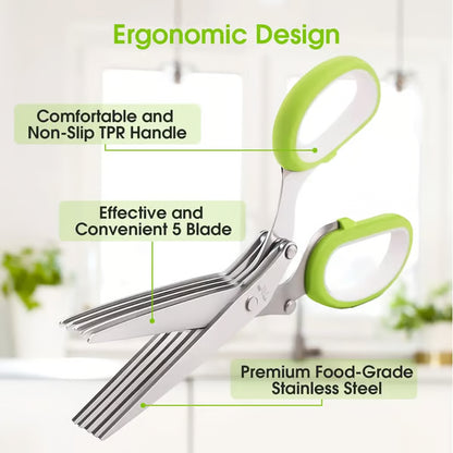 Junazilo® Herb Scissors 5 Blade Kitchen Shears, Multipurpose Herb Cutter with Safety Cover & Cleaning Comb upsell