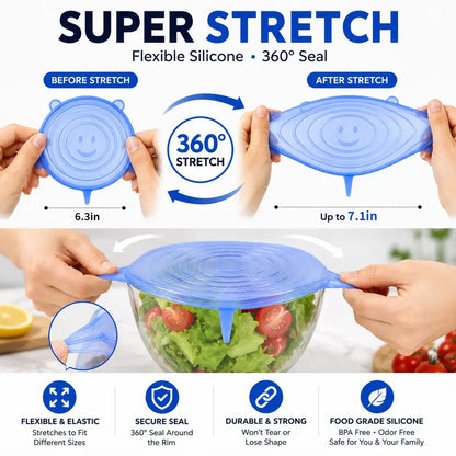 Junazilo® 🥗 6 Pack Silicone Stretch Lids – Reusable Food Covers for Bowls, Pots, Cups & Fresh Food Storage upsell