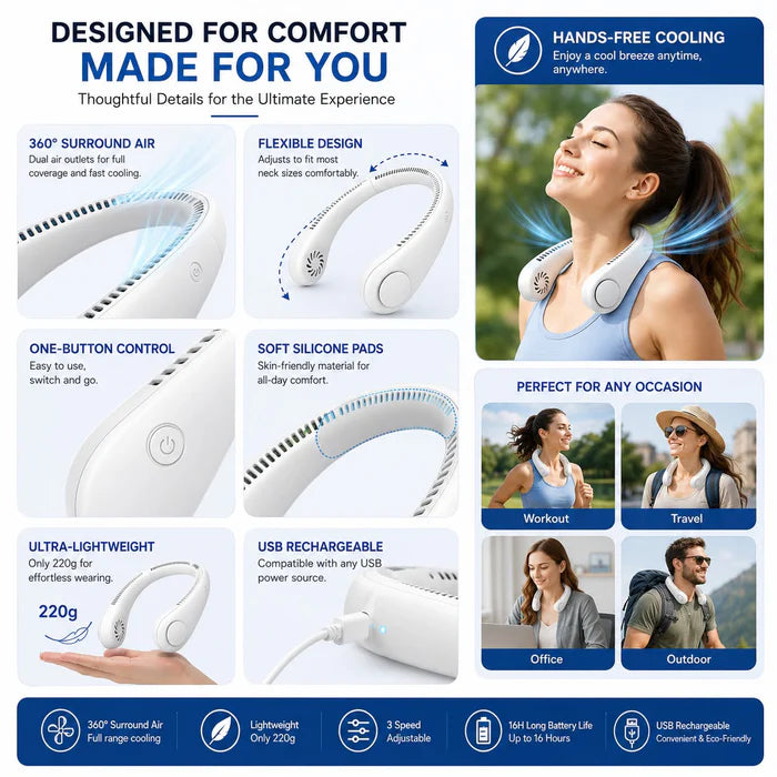 Junazilo® Portable Neck Fan, Bladeless Wearable Personal Fan, Hands-Free Cooling for Outdoor & Office