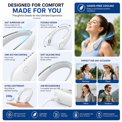 Junazilo® Portable Neck Fan, Bladeless Wearable Personal Fan, Hands-Free Cooling for Outdoor & Office