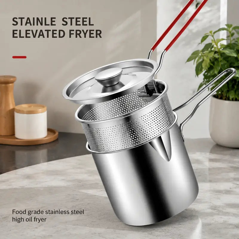 Junazilo® Personal Mini Deep Fryer Set – Stainless Steel Pot with Lift-Out Draining Basket & Food Tongs