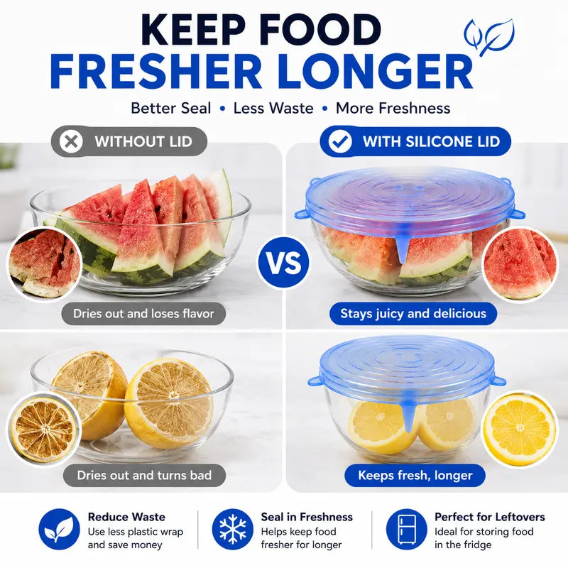 Junazilo® 🥗 6 Pack Silicone Stretch Lids – Reusable Food Covers for Bowls, Pots, Cups & Fresh Food Storage upsell