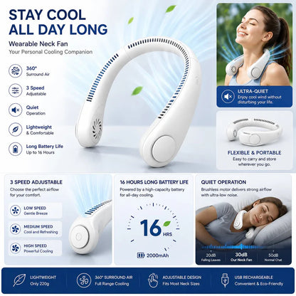 Junazilo® Portable Neck Fan, Bladeless Wearable Personal Fan, Hands-Free Cooling for Outdoor & Office