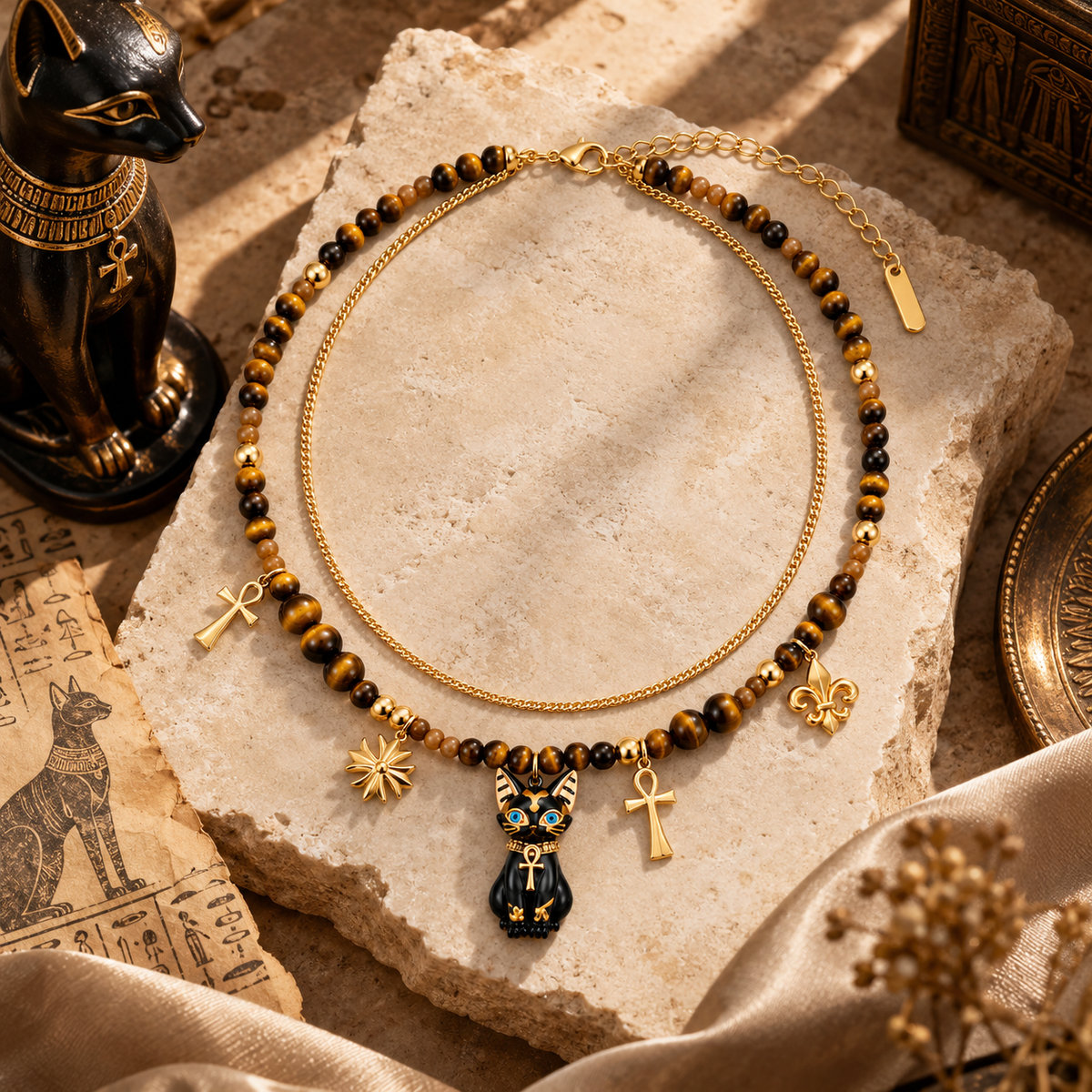 SUMIYAKI Bastet Tiger Eye Charm Layered Necklace