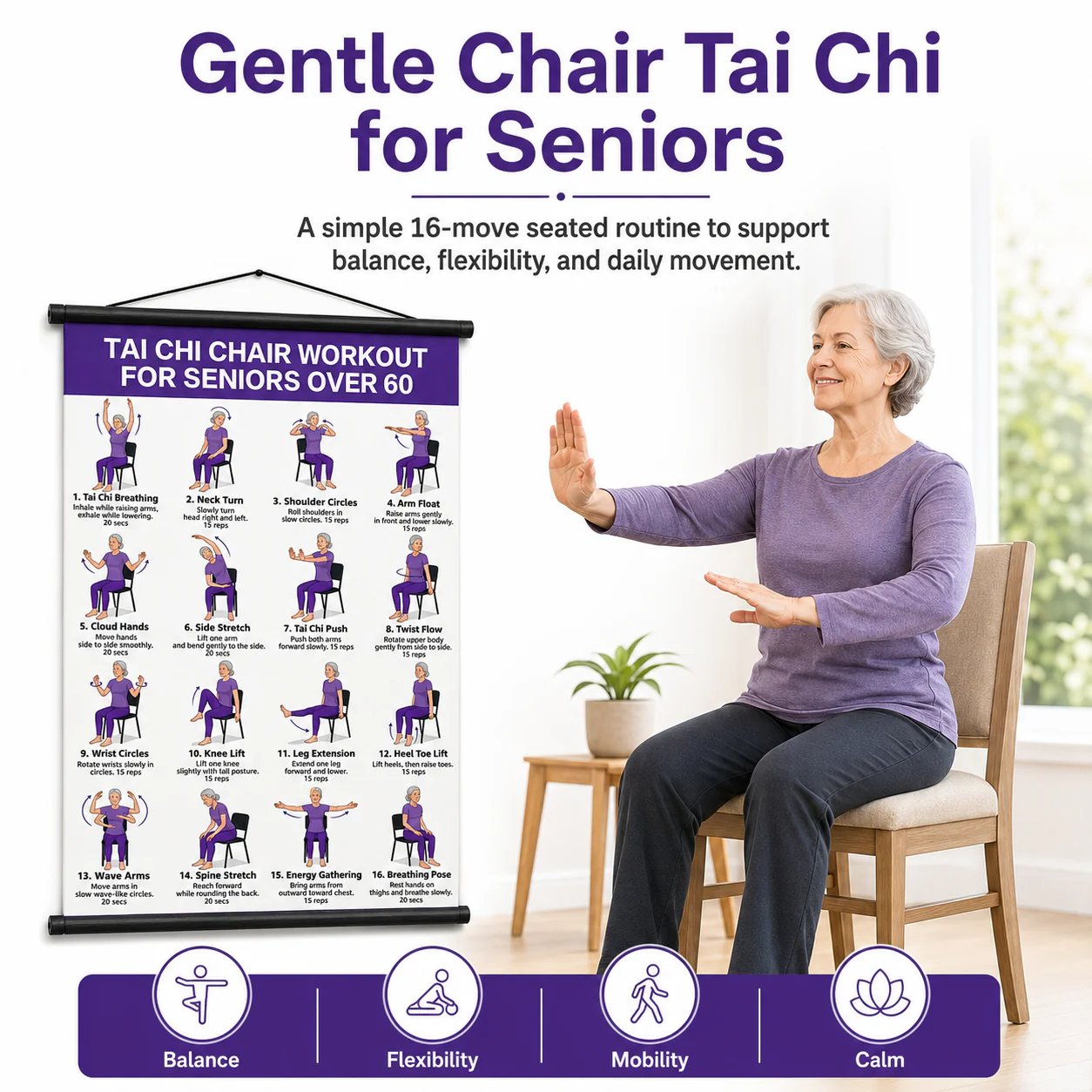 Junazilo® Tai Chi Chair Workout Chart for Seniors (16 x 24 inches) upsell