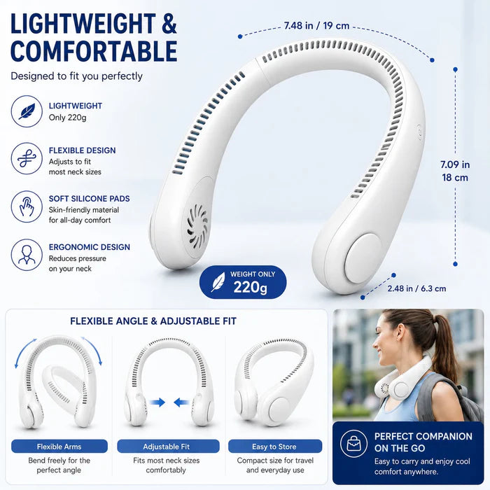 Junazilo® Portable Neck Fan, Bladeless Wearable Personal Fan, Hands-Free Cooling for Outdoor & Office