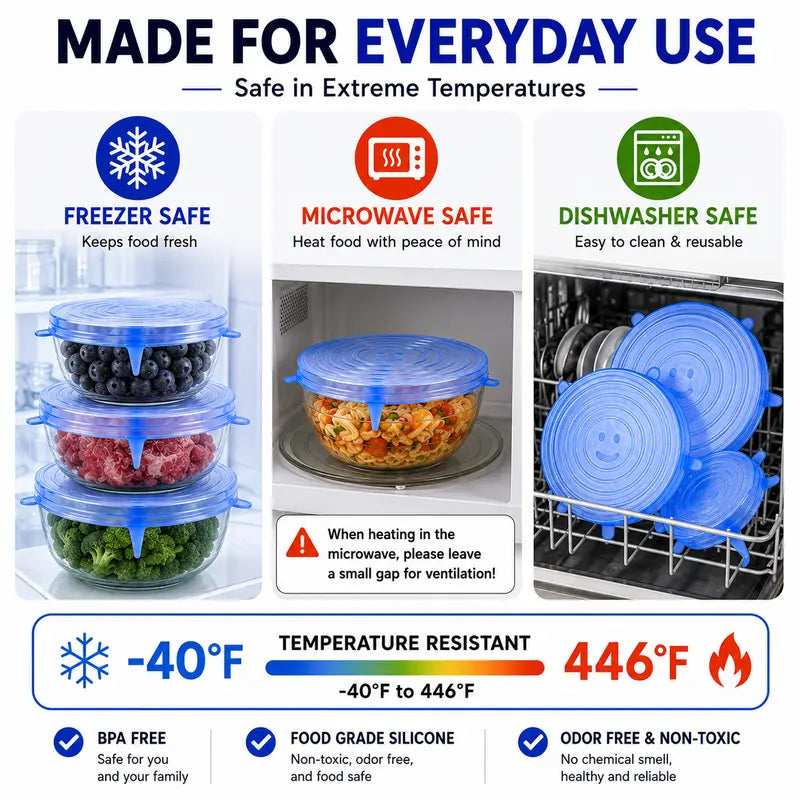 Junazilo® 🥗 6 Pack Silicone Stretch Lids – Reusable Food Covers for Bowls, Pots, Cups & Fresh Food Storage upsell