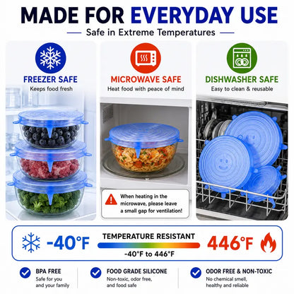 Junazilo® 🥗 6 Pack Silicone Stretch Lids – Reusable Food Covers for Bowls, Pots, Cups & Fresh Food Storage upsell