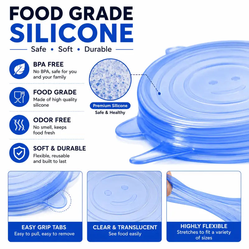Junazilo® 🥗 6 Pack Silicone Stretch Lids – Reusable Food Covers for Bowls, Pots, Cups & Fresh Food Storage upsell