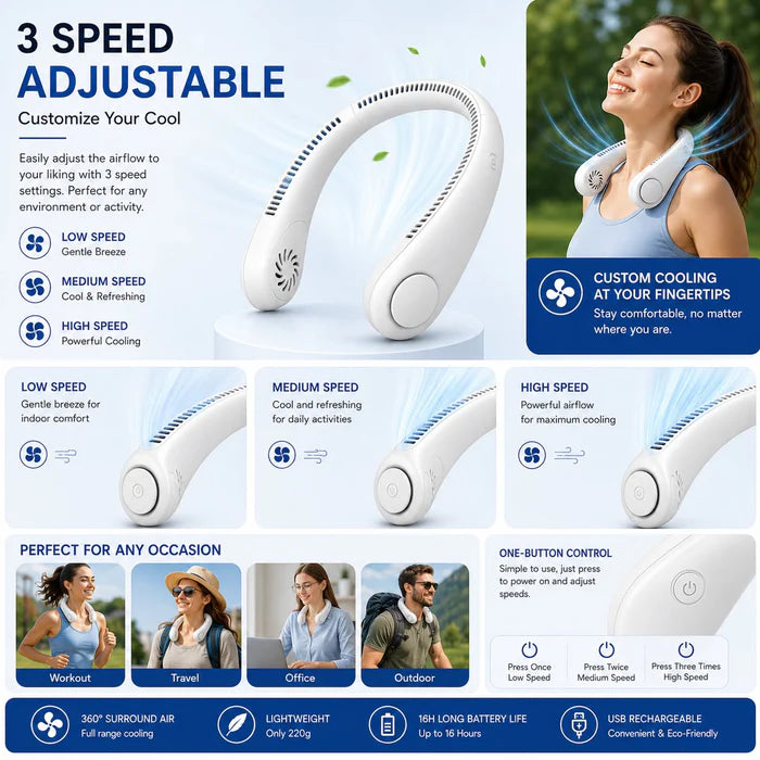 Junazilo® Portable Neck Fan, Bladeless Wearable Personal Fan, Hands-Free Cooling for Outdoor & Office