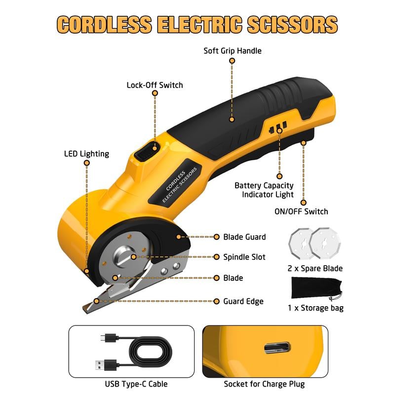 Junazilo® Cordless Electric Scissors 3.7V – Rechargeable Heavy Duty Cutter with Safety Lock
