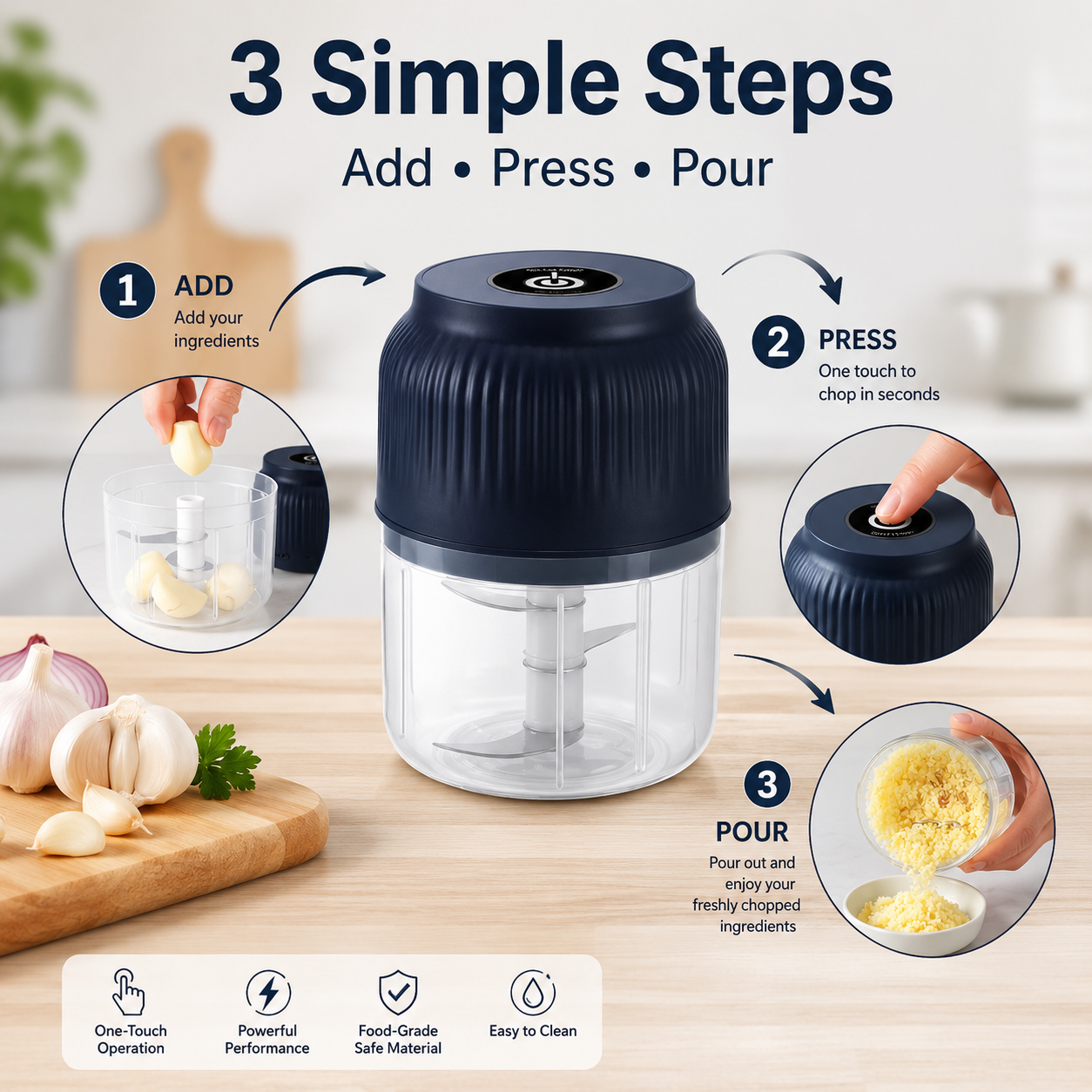 Junazilo® Mini Electric Food Chopper – One-Press Garlic & Veggie Prep