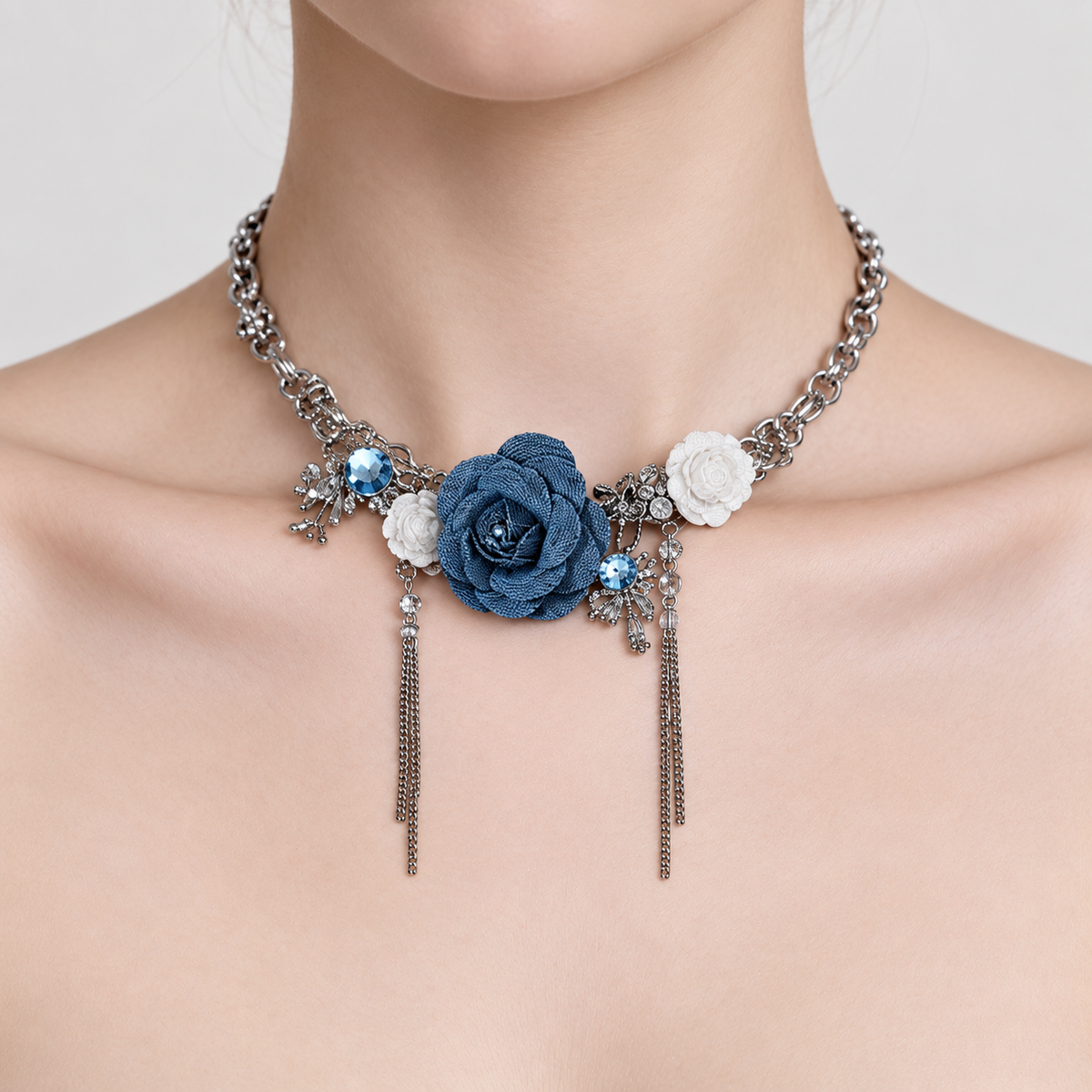 Partm Midnight Bloom Blue Rose Statement Necklace