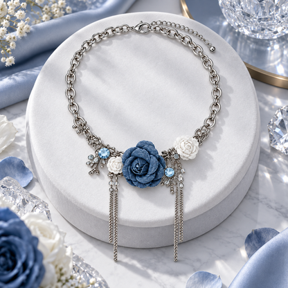 Partm Midnight Bloom Blue Rose Statement Necklace