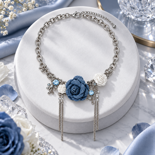 Partm Midnight Bloom Blue Rose Statement Necklace