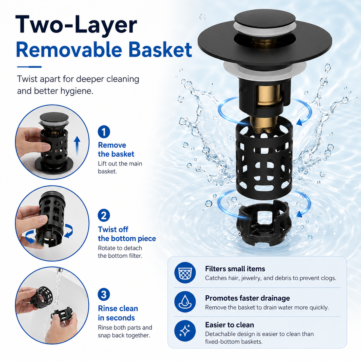 Junazilo® The Ultimate 3-in-1 Pop-Up Sink Strainer