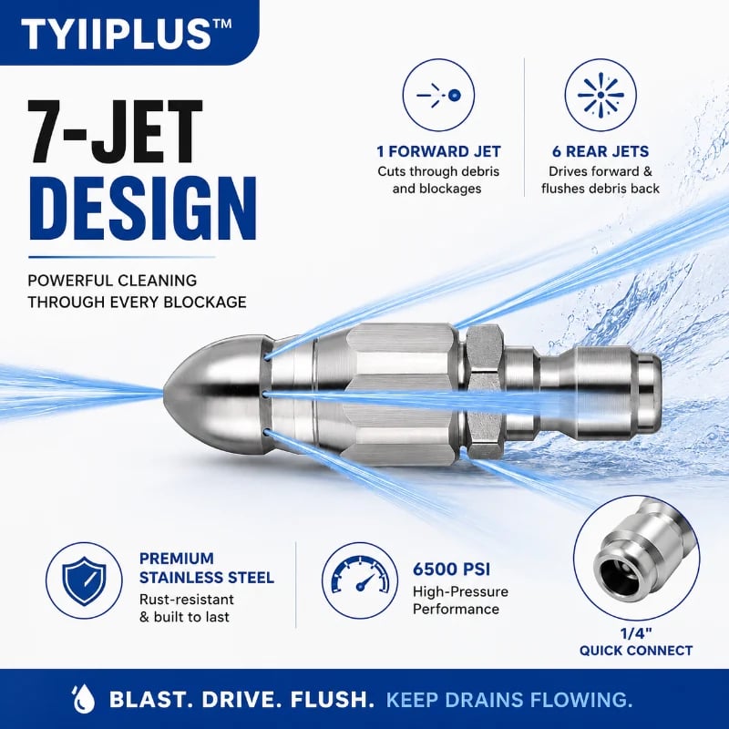 Junazilo® 6500 PSI Stainless Steel Sewer Jetter Nozzle