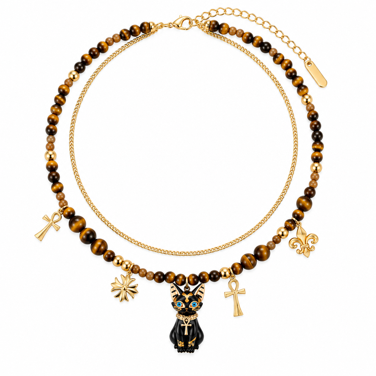 SUMIYAKI Bastet Tiger Eye Charm Layered Necklace