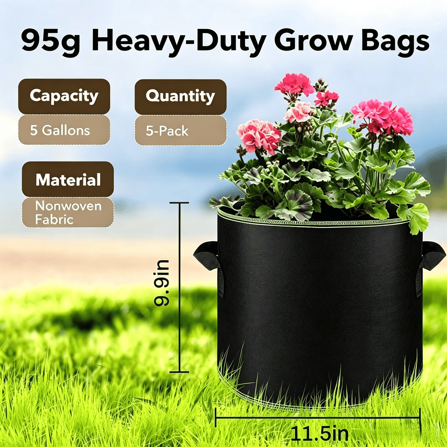 Junazilo®  🌱 5 Gallon Grow Bags – Heavy Duty Aeration Fabric Pots with Handles for Vegetables, Flowers & Fruits 🪴 upsell