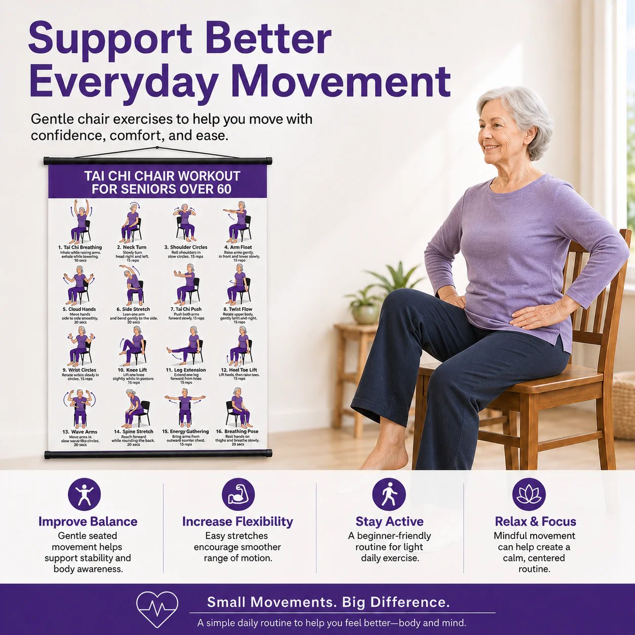 Junazilo® Tai Chi Chair Workout Chart for Seniors (16 x 24 inches) upsell