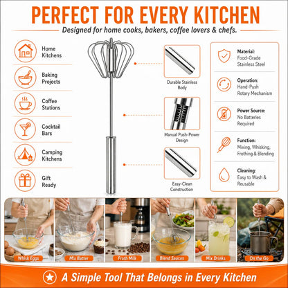 Junazilo® Stainless Steel Hand-Push Rotary Whisk – Effortless Mixing in Seconds