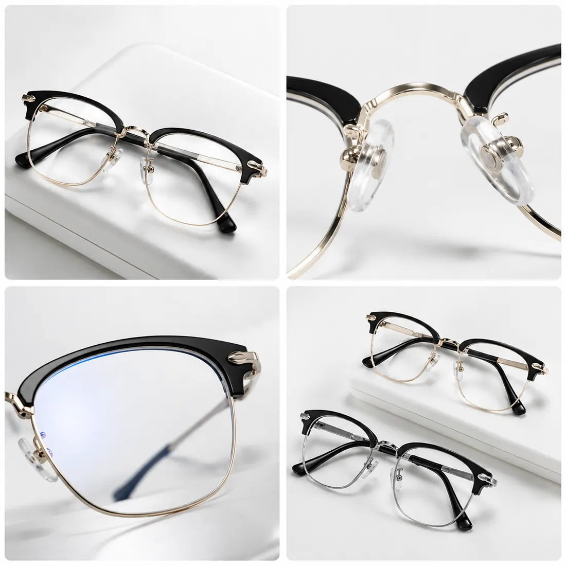 Ultra light anti-blue presbyopic glasses detail collage
