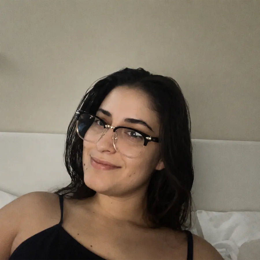 Karen reads small labels comfortably with anti-blue reading glasses